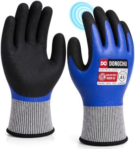 DongChu 1000V Insulated Electrician Gloves, ANSI A5 Cut Resistant Work Gloves, Double-Layer Nitrile Coated with Touch-Screen, HPPE Safety Gloves for Home Electrical Repair, DIY