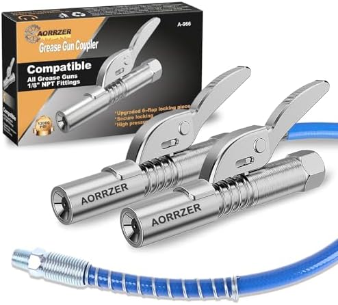 Grease Gun Coupler 2 PCS, Strong Lock on Greases Gun Couplers, 12000 PSI Quick Release Grease Coupler with 12" Spring Flex Hose, Compatible with All Grease Guns 1/8" NPT Grease Gun Fittings