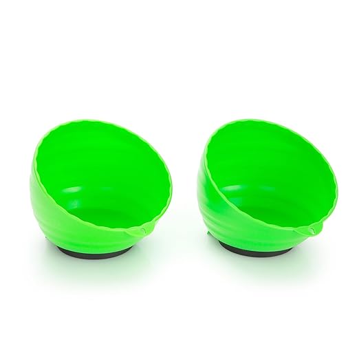 OEMTOOLS 25115 Green Magnetic Nut Cups, 2 Pack, Each Curved Magnetic Parts Tray Holds Up to 5 Pounds, Attaches To Metal Surfaces, Multi-Use Nuts And Bolts Organizer Set Made From Durable ABS Plastic