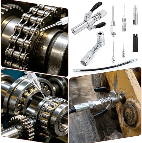 Grease Gun Accessory Kit, Grease Gun Nozzle, Hose, Cleaner, 90 Degree Coupler Adapter, Needles (2 Fine + 1 Coarse) & Needle Tip & Embedded Nozzle Fittings Attachment for Automotive Heavy Machinery