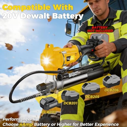 Upgraded 12800PSI Cordless Grease Gun Compatible with DeWalt 20V Battery, High-Pressure, One-Hand Operation, 39.4" Hose & 3 Couplers, Electric Grease Gun with LED Light Fits Bulk & Cartridge Grease