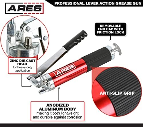 ARES 53013 – Professional Lever Action Grease Gun - 400cc Bulk and 14 Ounce Cartridge Loading - 4500 PSI Working Pressure Rating – 18-Inch Flex Hose and 6-Inch Offset Extension