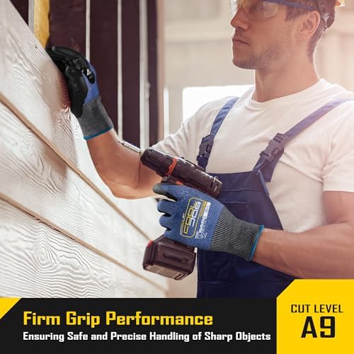 COOLJOB A9 Cut Resistant Safety Work Gloves with Grip, Touchscreen Nitrile Coated Heavy-duty for Glass Metal Sheet Handling