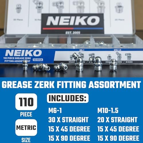 NEIKO 50466A Grease Fitting Assortment, 110 Piece, Metric, Straight & Angled Zerk Grease Fittings Kit, Zinc Plated A3 Steel, for Angled Grease Guns, Mechanical Component Lubrication, M6-1 and M10-1.5