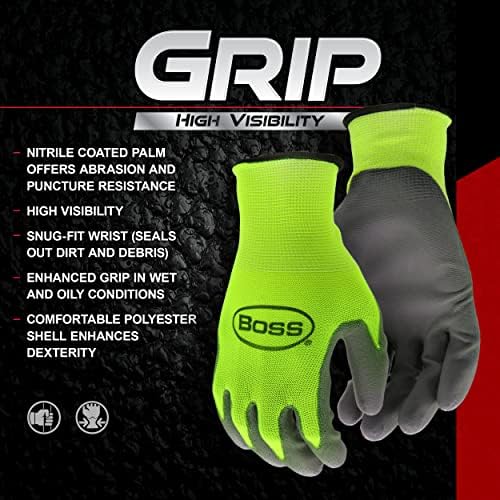 Boss Men's High Visibility Nitrile Coated Work Gloves, 5-Pack, High Dexterity, Enhanced Grip, Abrasion Resistant, Water Resistant, Large, Green/Black, (B31211-L5P)