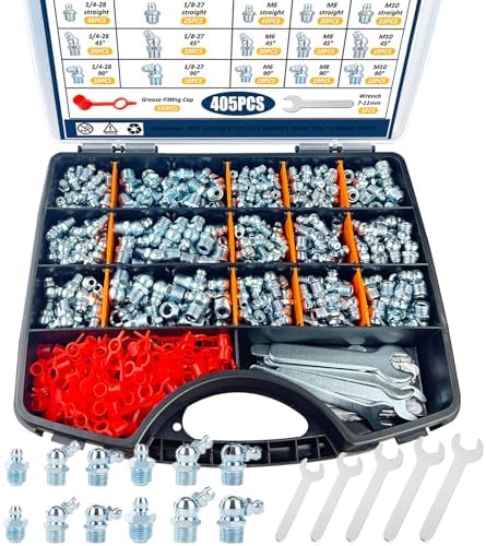 Grease Fittings Kit, 405Pcs SAE & Metric Grease Fitting Assortment, NPT 1/4" 1/8" M6 M8 M10 Straight 45 90 Degree Grease Zerk Fittings with Caps and Wrench Kit(7-11Mm) for Grease Gun