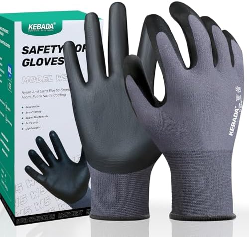 Kebada W5 Foam Nitrile Coated Work Gloves for Men & Women, 12 Pairs