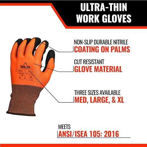 Malta Dynamics Safety Work Gloves – Nitrile Coated Ultra-Thin Work Gloves w/Cut Level A2 Protection, Touch Screen, OSHA/ANSI