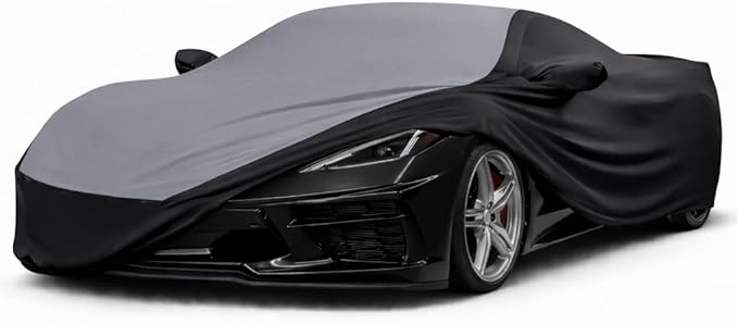 SR1 Performance USA C8 Corvette Indoor Car Cover – Custom Fit Stretch Satin Ultraguard, Soft Paint Protection Against Dust & Scratches for 2020–2026 Stingray, Z51, Z06, E-Ray (Gray/Black)