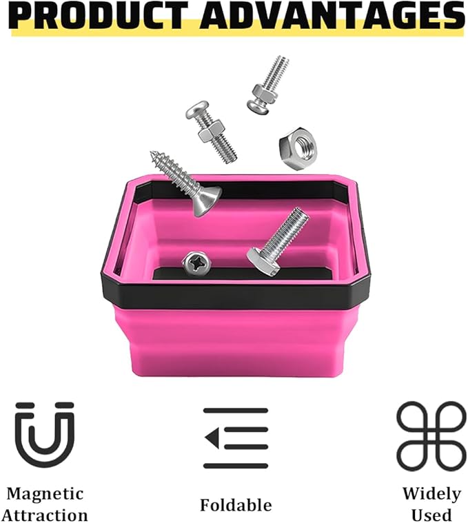 Collapsible Magnetic Car Parts Tray, Foldable Silicone Tool Tray with Magnetic Base, Double-Side Magnet Bowl for Auto Bolts, Screws, Nuts, Small Metal Parts, Universal Fit (Rose Red)