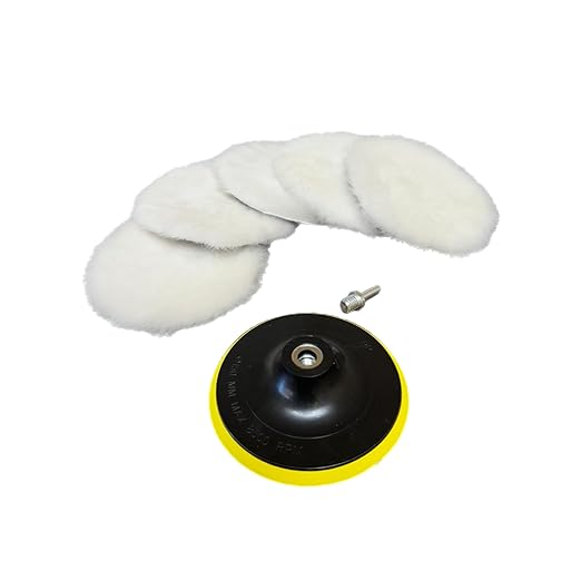 Lambswool Polishing Pads Sheepskin Buffing Pads, 7 Piece Set. Includes 5 Lambs Wool Cutting Pads with Hook, 1 Backing Plate and 1 Drill Attachment - Wool Buffs (4 Inch)
