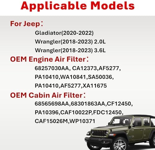 Engine Air Filter&Cabin Air Filter Combo Fits Jeep Wrangler JL 2.0L/3.6L 2018-2026(Not For 3.0L/6.4L/Diesel),Gladiator 2020-2025 3.6L-CA12373&CF12450