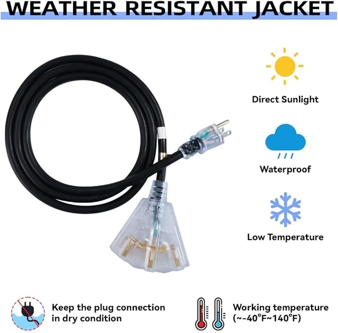 50 Ft Lighted Outdoor Extension Cord with 3 Electrical Power Outlets - 12/3 SJTW Heavy Duty Black Extension Cable with 3 Prong Grounded Plug for Safety, UL Listed