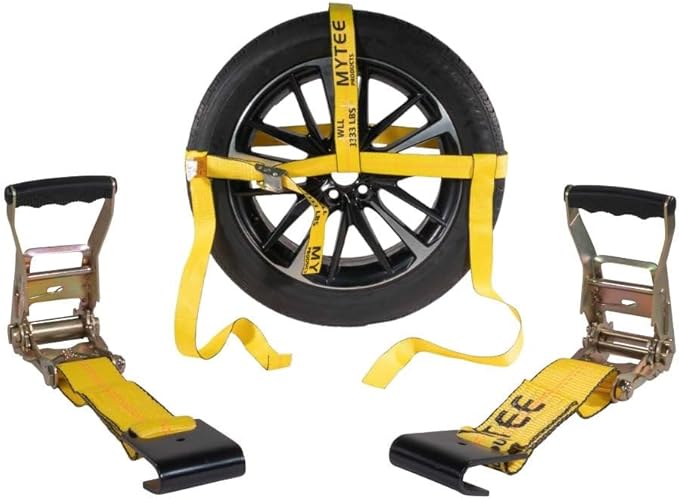 Mytee Products 2 Pack 2" x 120" Yellow Side Mount Wheel Tie Down Strap with Flat Hook & Dual Ratchet – 3,333 lbs WLL Wheel Net Fits 14–17" Tires, Heavy Duty Vehicle Tie Down Strap for Car Hauling