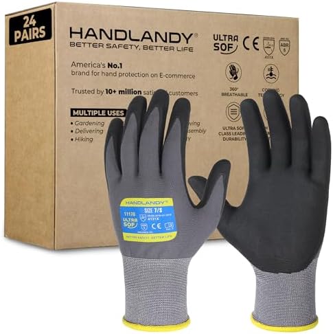 HANDLANDY 6 Pairs Safety Work Gloves with MicroFoam Nitrile Coated - Breathable Nylon Gloves with Grip for Men & Women