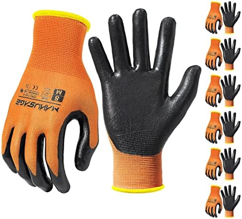 MANUSAGE Safety Work Gloves Nitrile For Men and Women, with Touchscreen Fingers, Men's Work Gloves with Grip, Mechanics Gloves (Size XL, Orange, 6-pairs)