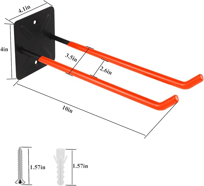 Steel Garage Storage Hooks Wall Tool Organizer, 10 Inch Garage Hook Heavy Duty Utility Storage Hangers Orange for Ladders, Chairs, Garden Tools, Set of 4