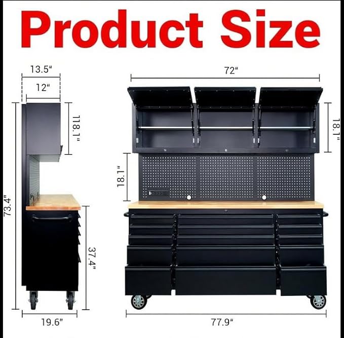 72-inch Rolling Tool Chest Cabinet Garage Workbench with 15 Storage Drawers and Wheels, 3 Upper Cabinet, Pegboard, Steel Large Tool Box for Garage Workshop, Matte Black