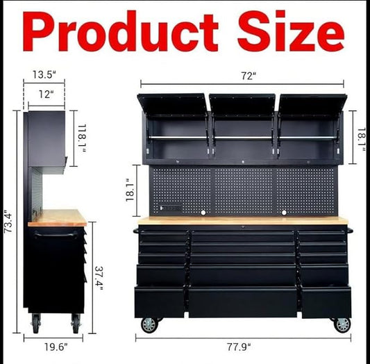 72-inch Rolling Tool Chest Cabinet Garage Workbench with 15 Storage Drawers and Wheels, 3 Upper Cabinet, Pegboard, Steel Large Tool Box for Garage Workshop, Matte Black