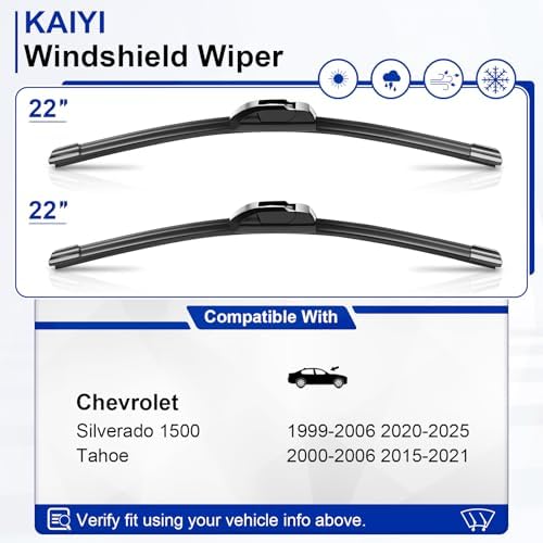 KAIYI 22" + 22" Windshield Wipers Compatible with Chevrolet Silverado 1500 1999-2006 2020-2025,Tahoe 2000-2006 2015-2021 Premium Automotive Replacement Windshield Wiper Blades 2 Pack