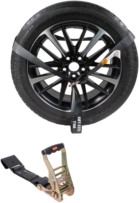Mytee Products 4 Pack 2"x120" Car Tie Down Straps for Trailer with Flat Hook - 3333 LB WLL Black Lasso Style Tire Straps for Car Trailer with Ratchets - Vehicle Tie Down Wheel Straps for Hauling Cars