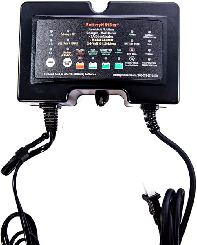 BatteryMINDer 244CEC2: 24 Volt- 1/2/4 AMP Battery Charger, Lithium (LiFePO4) Battery Maintainer, and Battery Desulfator - Designed for Trucks, Boats, RV, Generators