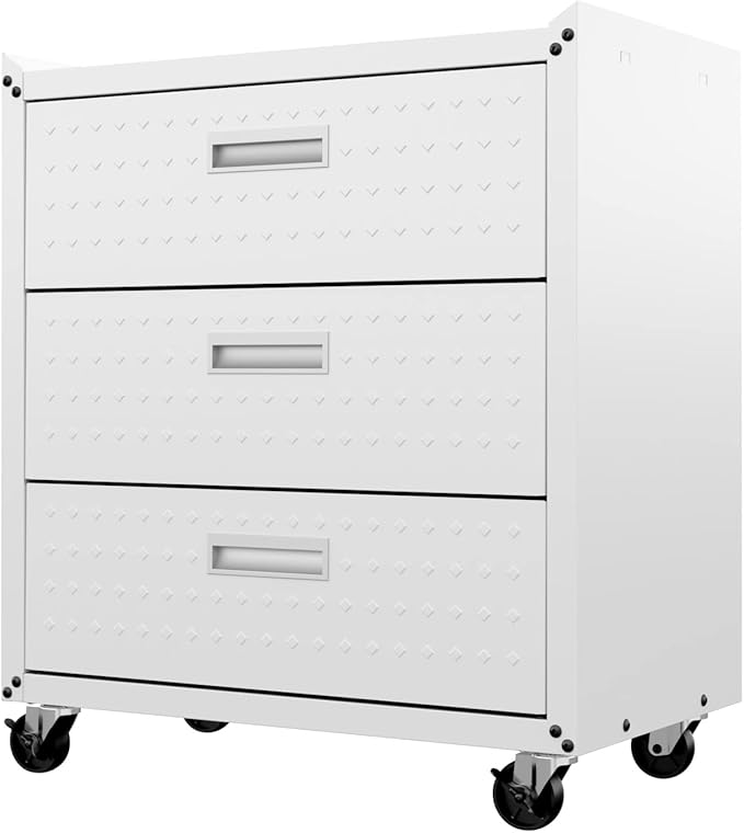 Manhattan Comfort Fortress 31.5-Inch Rolling Garage Tool Chest, 3-Drawer Lockable Mobile Storage Cabinet, Diamond-Textured Steel Utility Organizer with Wheels for Basement, Workshop in White
