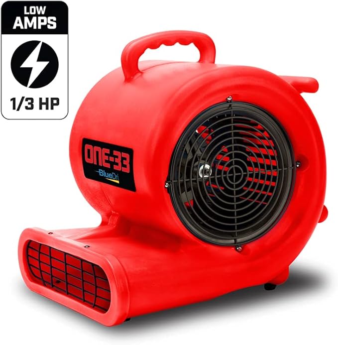 BlueDri One-33 Air Mover, 1/3 HP 2900 CFM Industrial Water Damage Flood Restoration Carpet and Floor Drying Blower Fan (Red)