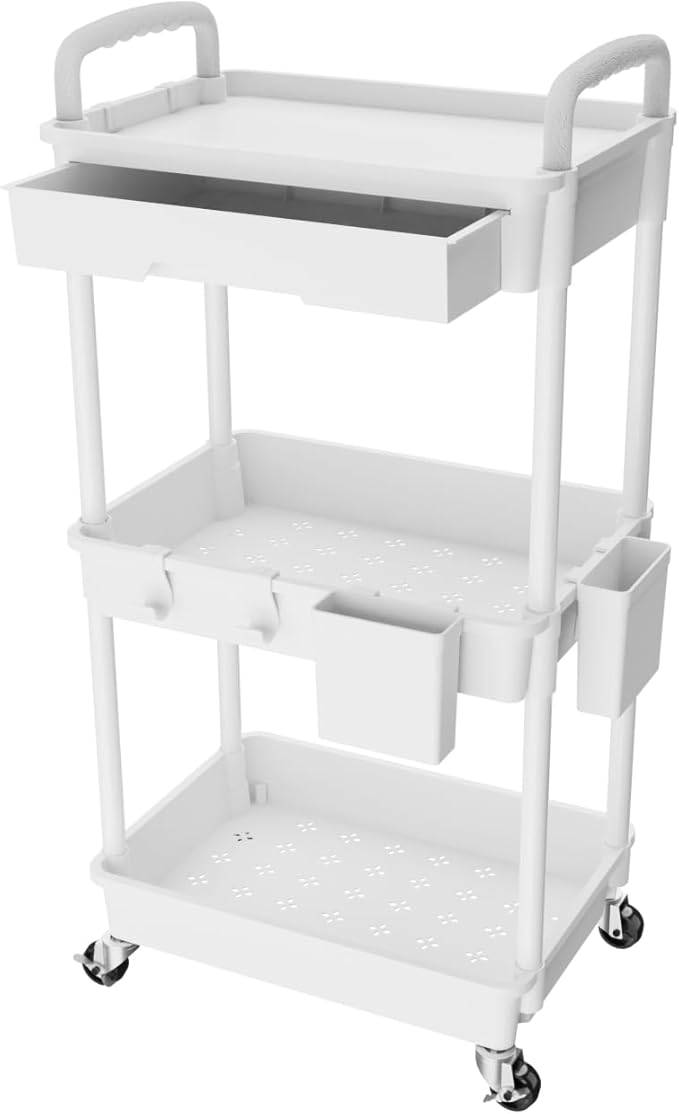 3 Tier Rolling Utility Cart with Drawer,REBECAT Utility Cart Made of Multifunctional Storage Organizer Tool for Kitchen,Bathroom,Living Room,Office(White)
