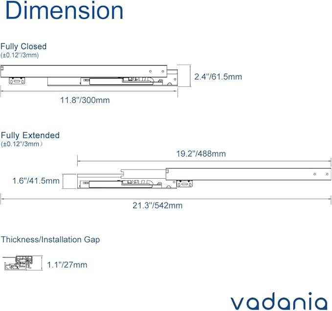 VADANIA 12" Undermount Drawer Slide, Push to Open, Bottom Mounted & Bottom Support, 88 lb Load Capacity, 3-Fold Full Extension, Invisible Drawer Slies,1 Pair(2-Pack)