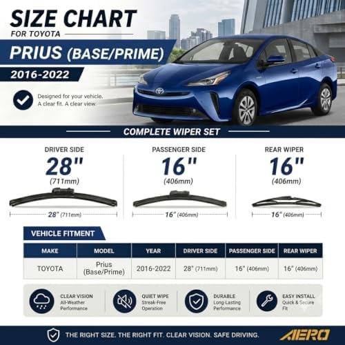 AERO Avenger Wipers OEM Replacement for Toyota Prius (Base and Prime Model) 2016-2022, 28"+16" Front + 16" Rear, Windshield Wiper Blades with Extra Squeegee Refills + 1-Year Warranty (Set of 3)