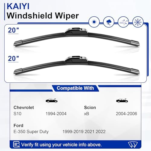 KAIYI 20" + 20" Windshield Wipers Compatible with Chevrolet S10 1994-2004,Ford E-350 Super Duty 1999-2019 2021 2022,Scion xB 2004-2006 Premium Automotive Replacement Windshield Wiper Blades 2 Pack