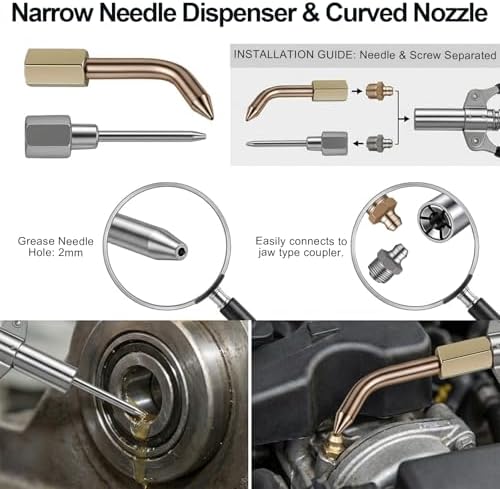 Grease Gun Tips, Grease Gun Coupler, Grease Gun Hose, 90 Degree Grease Gun Couple ＆ Slotted Right Angle 90 Degree Grease Coupler Combo, Zerk Fitting Cleaner, Straight And Bent Grease Needle Nozzles