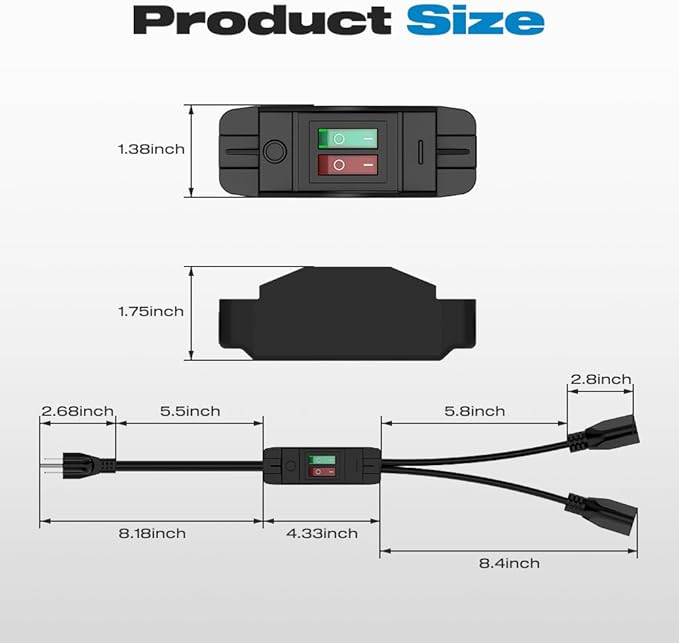 Extension Cord with ON/Off Switch, Malictele 2-Way 3 Prong Extension Cord Power Cord Extension Y Splitter Outdoor Plug Splitter with one NEMA 5-15P Plug and Two NEMA 5-15R Receptacles.