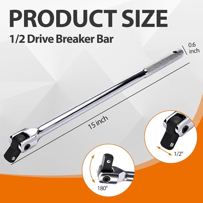 15-inch Dual Drive Breaker Bar 1/2 drive Flex Handle with 180° Rotatable Head