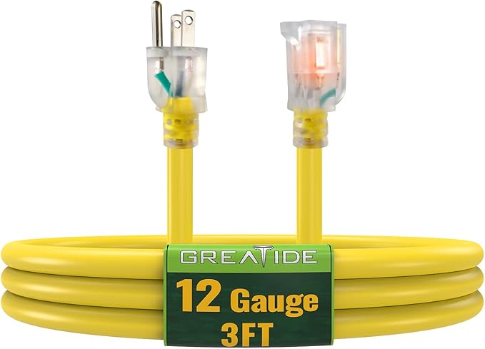 Indoor Extension Cord with Lighted End, 12 Gauge Heavy Duty 3 FT, 3 Prong Grounded 15 Amp Extension Cord, 12/3 SJTW Power Cord for Garage, Garden, Appliance, UL Listed, Yellow