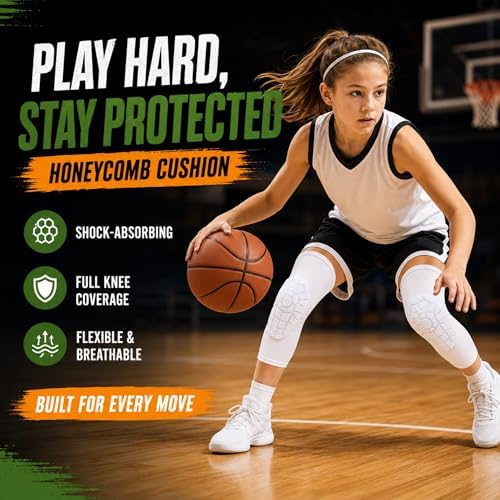 AceList Kids Knee Pads for Youth Ages 4-15, Honeycomb Padded Knee Sleeves for Basketball Baseball Football Volleyball Wrestling Cycling, Anti-Slip Stay-Up Protective Gear, 1 Pair (Size M White)