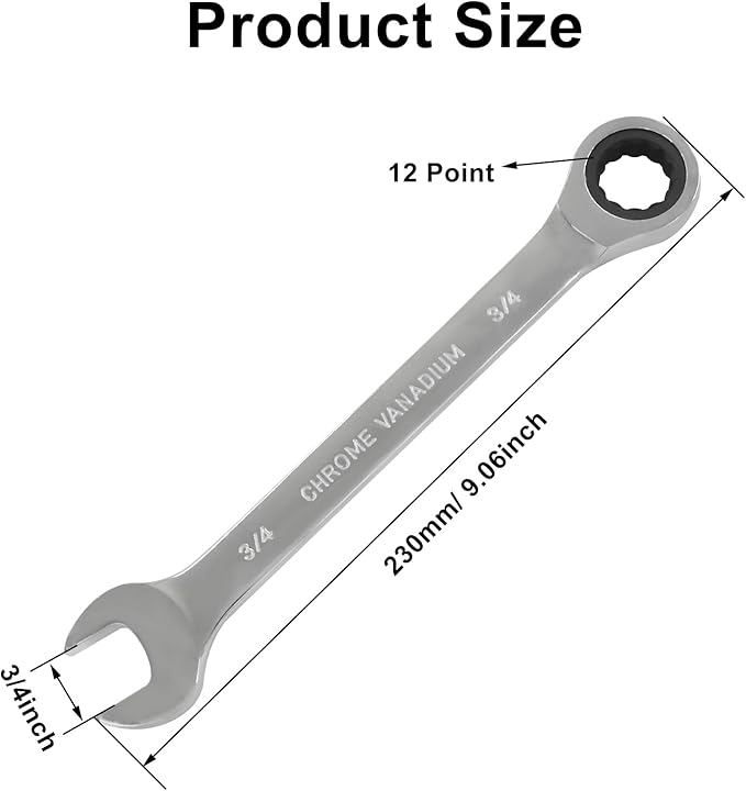 3/4 Inch Ratchet Wrench Imperial Ratcheting Combination Wrench, 12 Point, 72 Teeth for Projects SAE Tight Spaces
