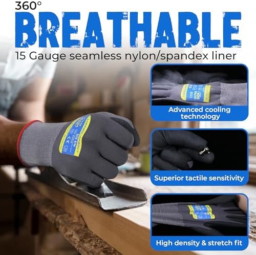 HANDLANDY 6 Pairs Safety Work Gloves with MicroFoam Nitrile Coated - Breathable Nylon Gloves with Grip for Men & Women