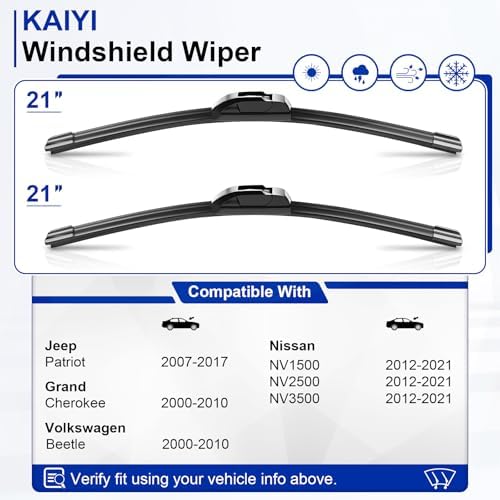 KAIYI 21" + 21" Windshield Wipers Compatible with Jeep Patriot 2007-2017,Grand Cherokee 2000-2010,Nissan NV1500/NV2500/NV3500 2012-2021 Premium Automotive Replacement Windshield Wiper Blades 2 Pack