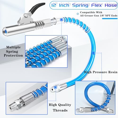 Grease Gun Coupler Quick Lock Release Lube 2pcs Grease Gun Tip Fitting+Grease Gun Hose Tube Extra Gift 9pcs Grease Nipple Nozzle M6-M10 Kit Compatible With All Grease Gun 1/8" Npt Ends 12000 PSI