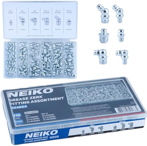 NEIKO 50466A Grease Fitting Assortment, 110 Piece, Metric, Straight & Angled Zerk Grease Fittings Kit, Zinc Plated A3 Steel, for Angled Grease Guns, Mechanical Component Lubrication, M6-1 and M10-1.5