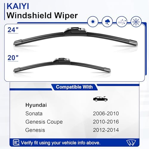 KAIYI 24" + 20" Windshield Wipers Compatible with Hyundai Sonata 2006-2010,Genesis Coupe 2010-2016,Genesis 2012-2014 Premium Automotive Replacement Windshield Wiper Blades 2 Pack