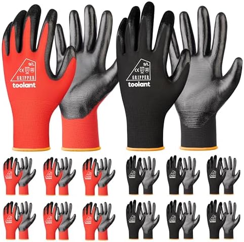 toolant Nitrile Coated Work Gloves, 12 Pairs, Red&Black, Large