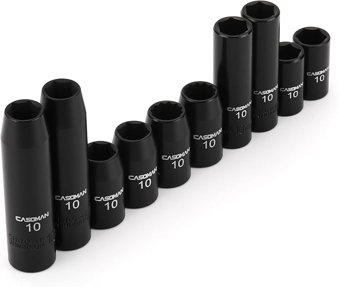 CASOMAN 10Piece Impact Socket Set-10mm, 1/4" & 3/8" Drive, Deep & Shallow, Metric, Black Phosphate Finish