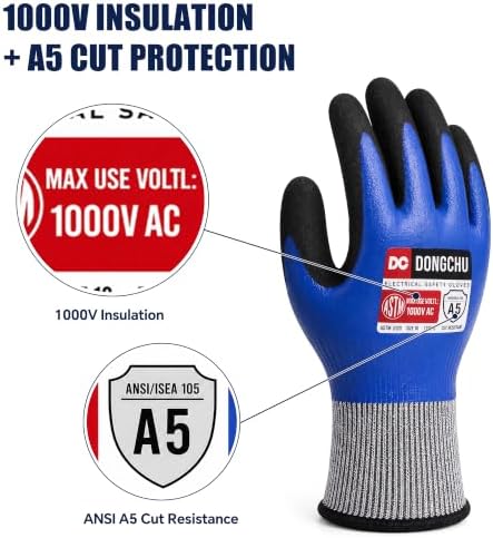 DongChu 1000V Insulated Electrician Gloves, ANSI A5 Cut Resistant Work Gloves, Double-Layer Nitrile Coated with Touch-Screen, HPPE Safety Gloves for Home Electrical Repair, DIY