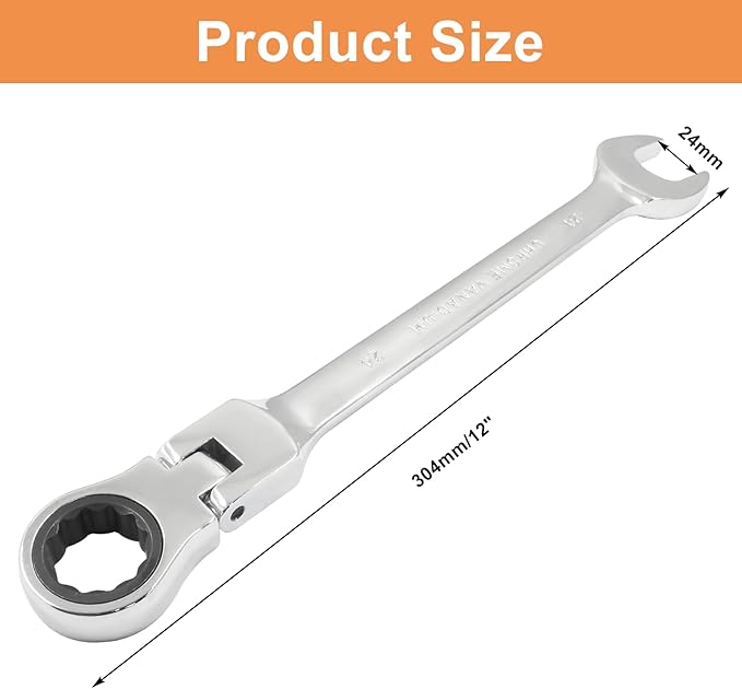 Piutouyar 24mm Flex-Head Ratcheting Wrench, Professional Metric Ratchet Wrench Combination Wrench Box Ended Spanner Tool for Projects Repair(5° Movement and 72 Teeth 12 Point, CR-V)