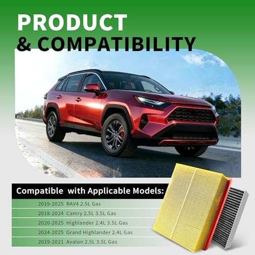 17801-25020 87139-58010 Engine Cabin Air Filter Set Filter for RAV4 2019-2024 (NOT HYBRID), Camry 2018-2024 (NOT HYBRID), Highlander 2020-2025 (NOT HYBRID)