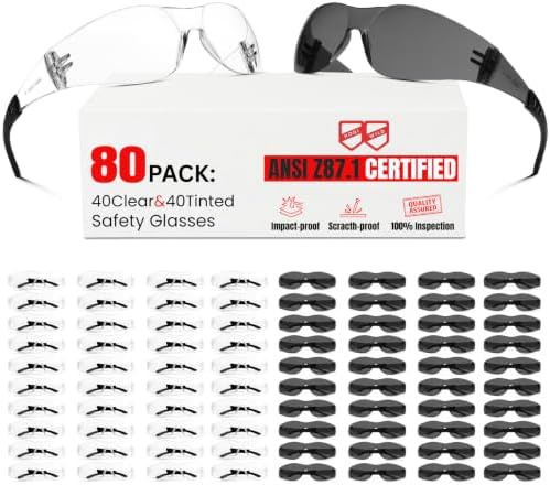 Safety Glasses Men Women80 pack: 40pack clear safety glasses+40pack safety sunglasses Scratch & Impact Resistant eye protection glasses for construction, workshop, lab,survey