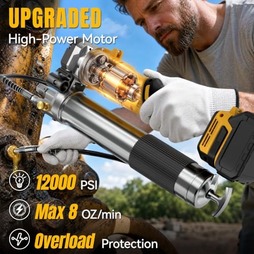 Cordless Grease Gun Compatible with DeWalt 20V Battery, 12000PSI Electric Grease Gun Kit, Dual Pistol & in-Line Grip, Grease Gun with 39" Hose & 4 Couplers (Tool Only)